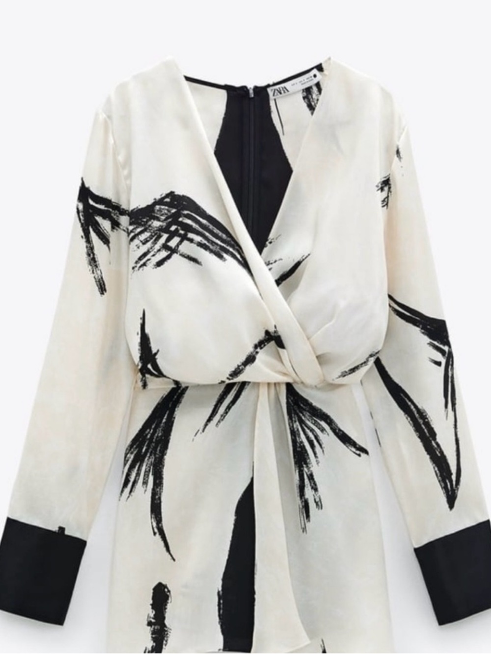 Zara Cream Wrap Top with Black Brushstroke Detail